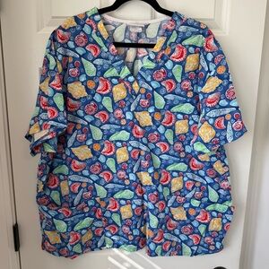 Sea Shell Beach Peaches Uniforms Scrub Top Multicolor All Over Print Sz 2XL